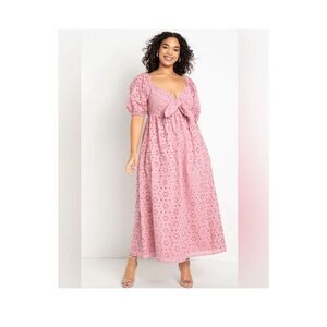 Eloquii Eyelet Tie Front Pink Tiered Maxi Dress Plus Size 16 100% Cotton XL